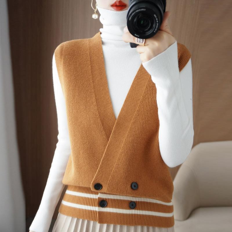 Contrast color double breasted knitted vest for women 20 02
