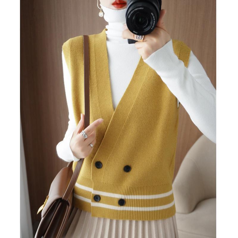 Contrast color double breasted knitted vest for women 20 01