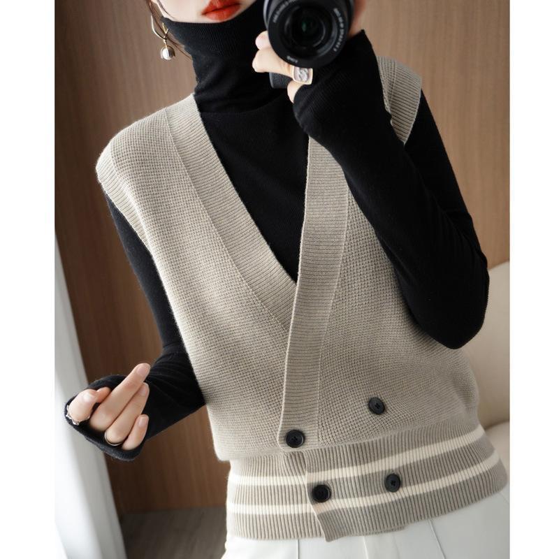 Contrast color double breasted knitted vest for women 20