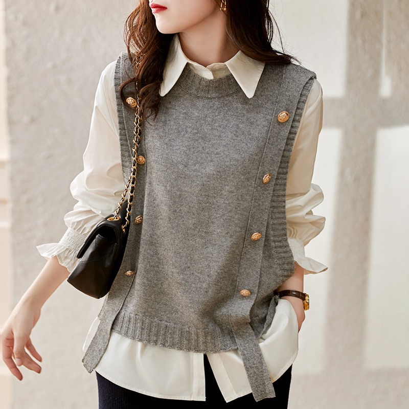 Crew Neck Pullover Button Knitted Vest Sweater 21
