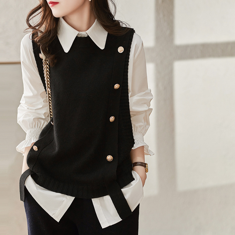 Crew Neck Pullover Button Knitted Vest Sweater 21 02
