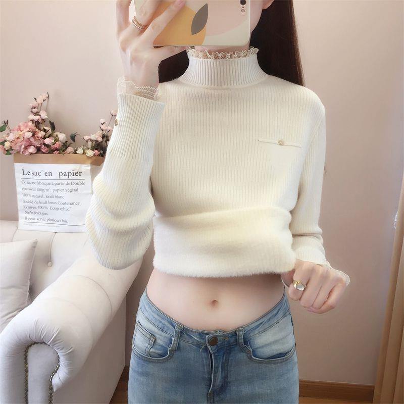 Lace patchwork half turtleneck slim fit inner sweater 30