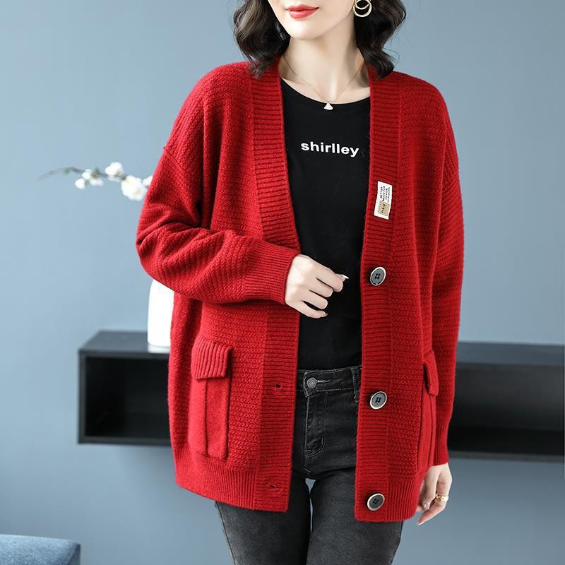 Ladies lazy style mid-length loose sweater cardigan coat 16
