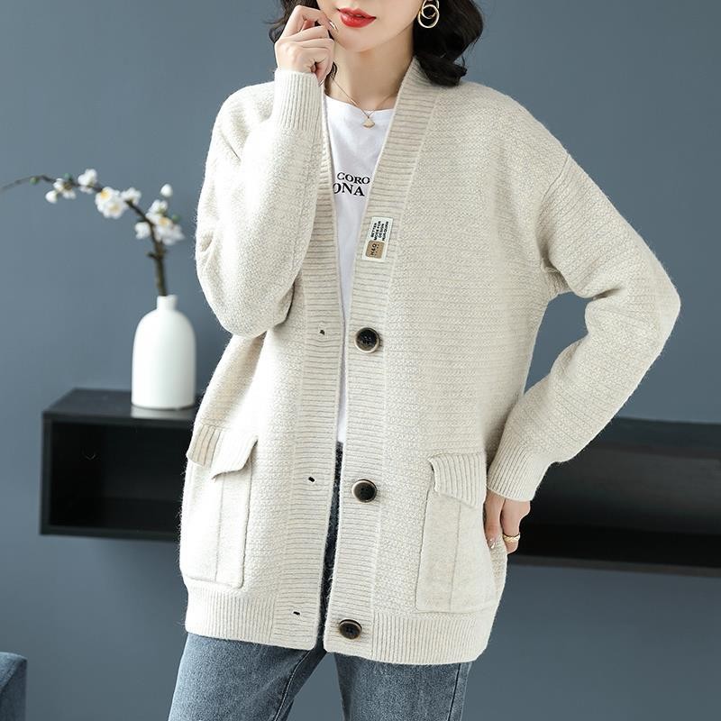 Ladies lazy style mid-length loose sweater cardigan coat 16