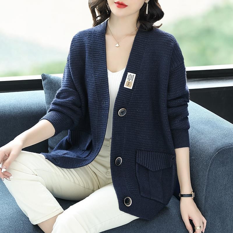 Ladies lazy style mid-length loose sweater cardigan coat 16