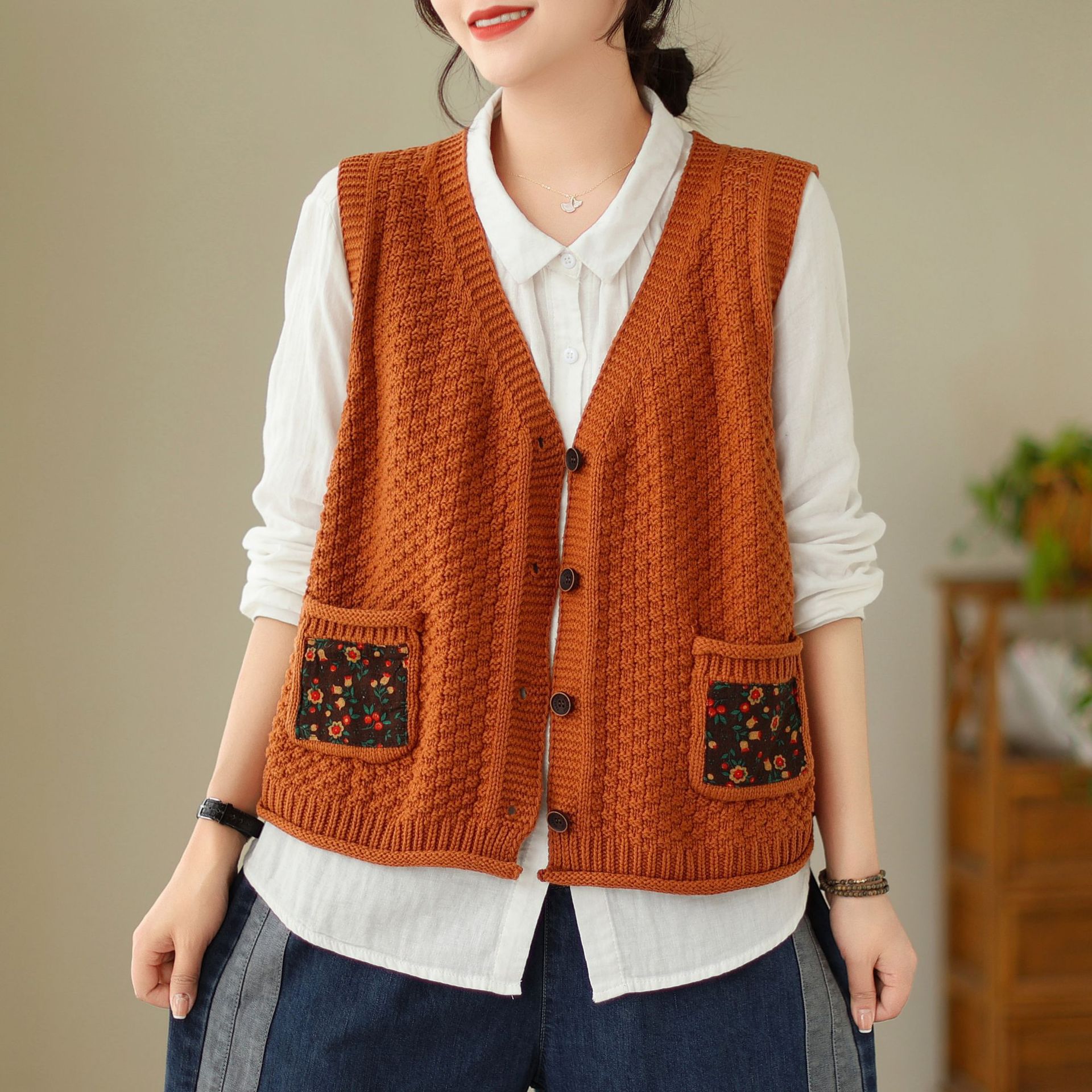 Patchwork cotton knit cardigan vest 27