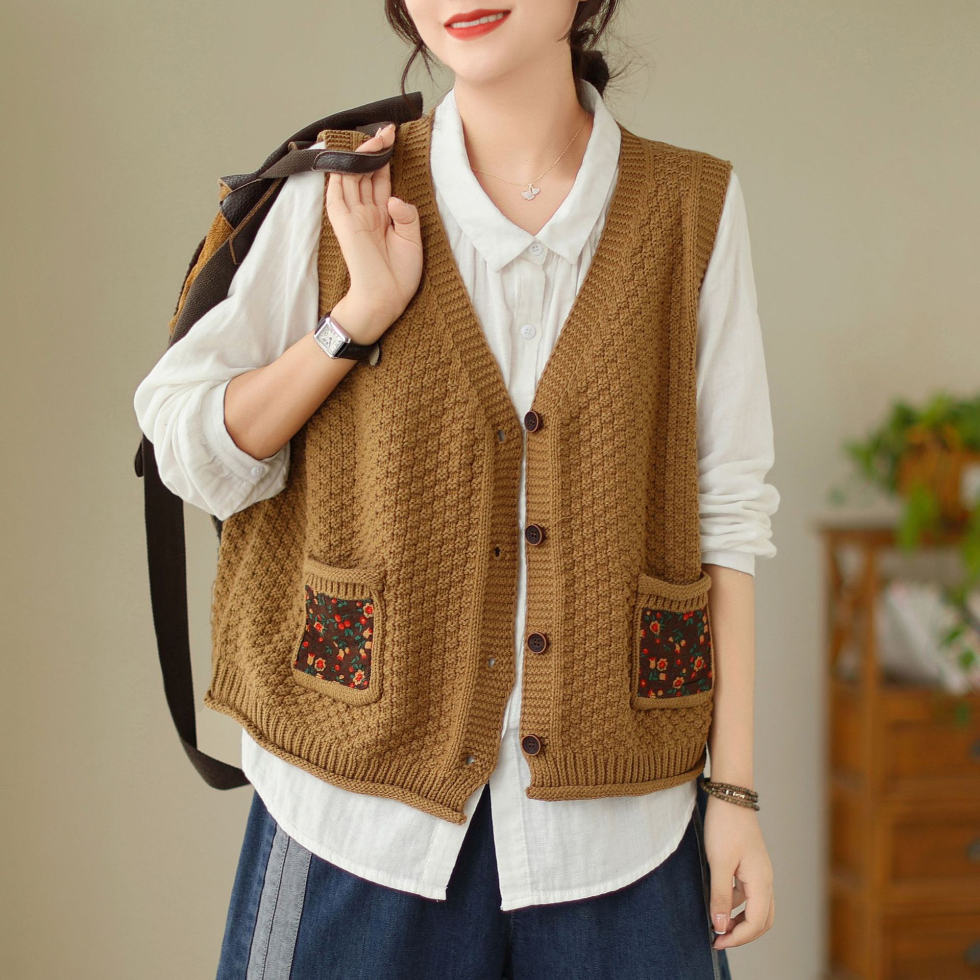 Patchwork cotton knit cardigan vest 27