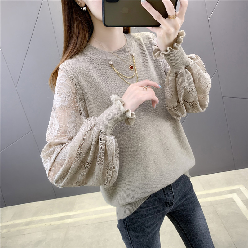 Round Neck Loose Lace Puff Sleeve Knitted Sweater Bottoming Shirt 35