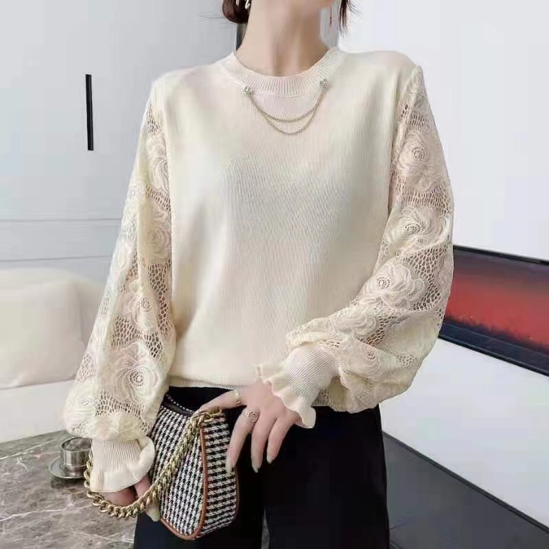 Round Neck Loose Lace Puff Sleeve Knitted Sweater Bottoming Shirt 35