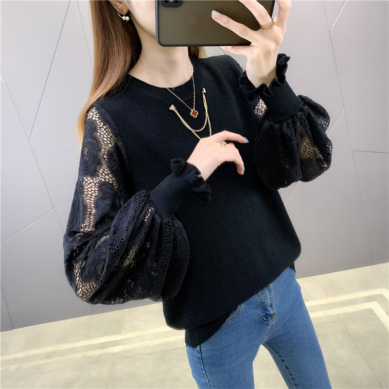 Round Neck Loose Lace Puff Sleeve Knitted Sweater Bottoming Shirt 35