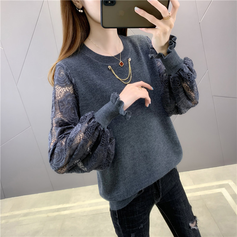 Round Neck Loose Lace Puff Sleeve Knitted Sweater Bottoming Shirt 35