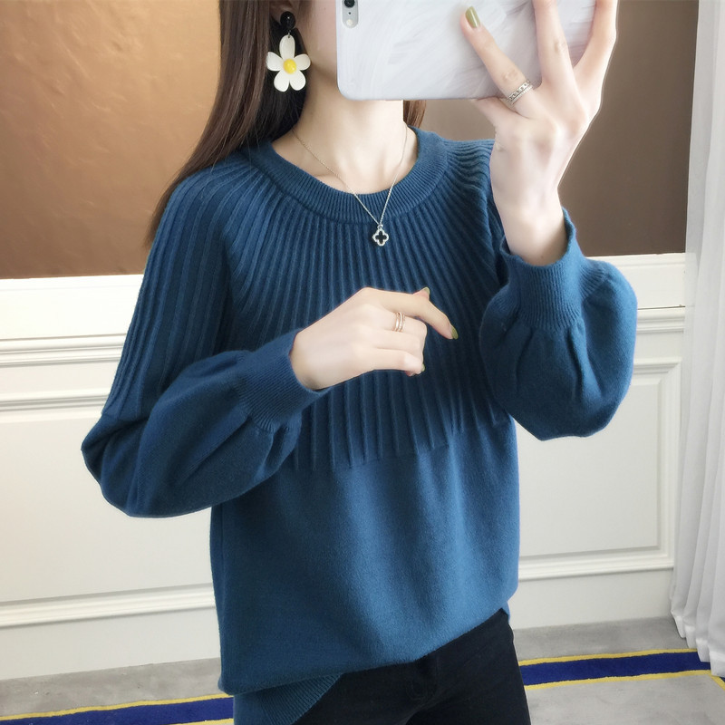 Round Neck Pullover Sweater Loose Cropped Lantern Sleeve Knit 36 01