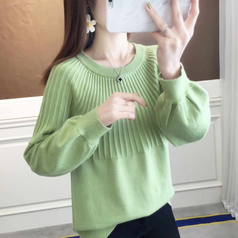 Round Neck Pullover Sweater Loose Cropped Lantern Sleeve Knit 36 02