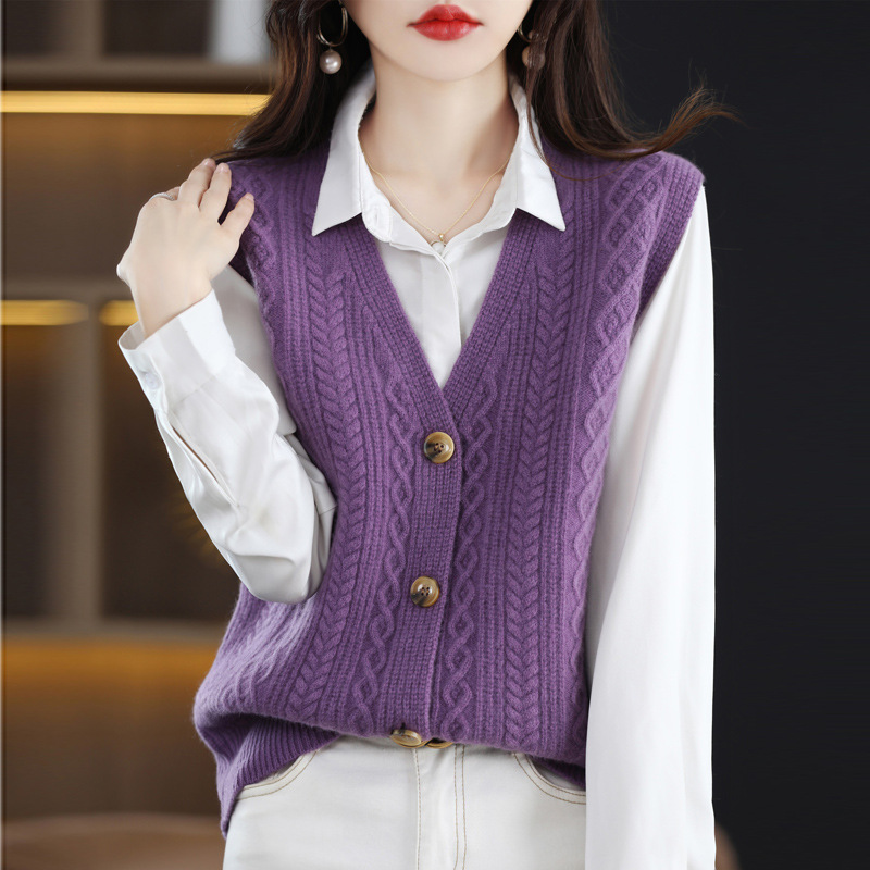 Solid Color Cardigan Sleeveless Vest V-Neck Twist Knit 25 02