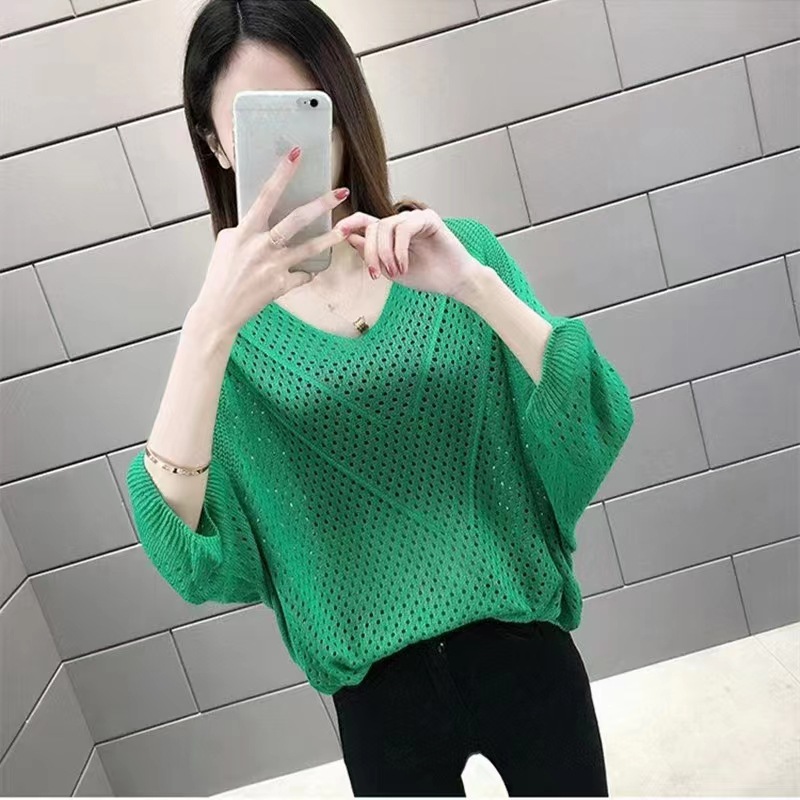 V-neck bat sleeve T-shirt women's blouse hollow 34