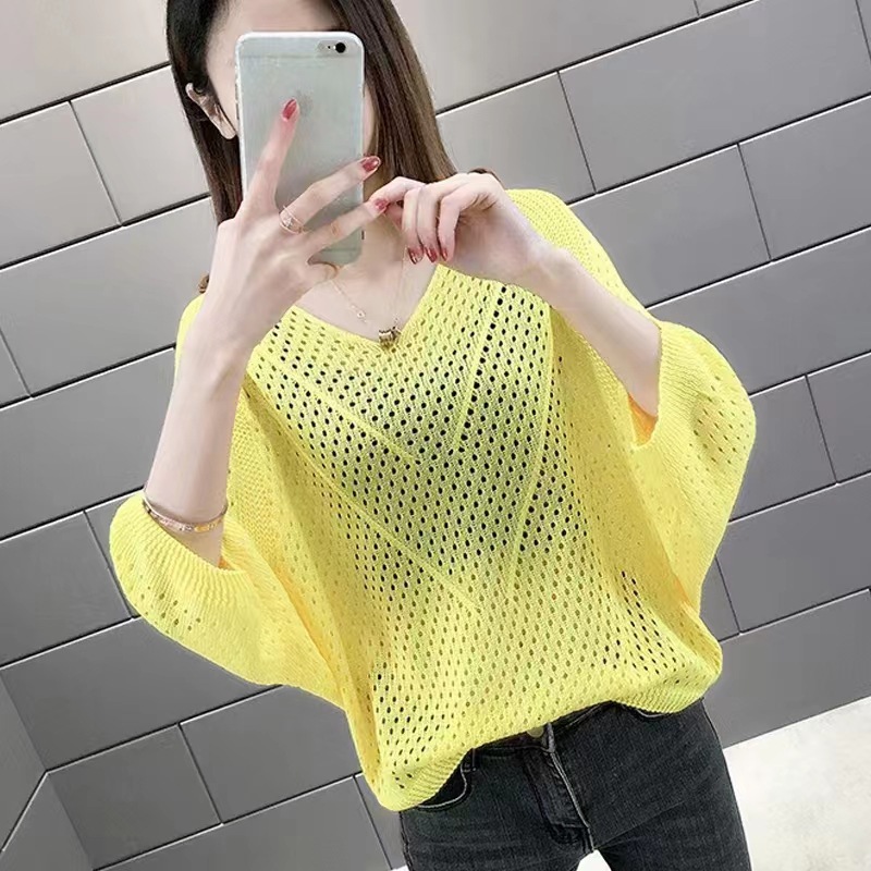 V-neck bat sleeve T-shirt women's blouse hollow 34