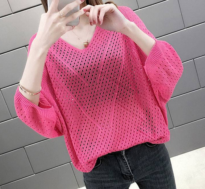 V-neck bat sleeve T-shirt women's blouse hollow 34