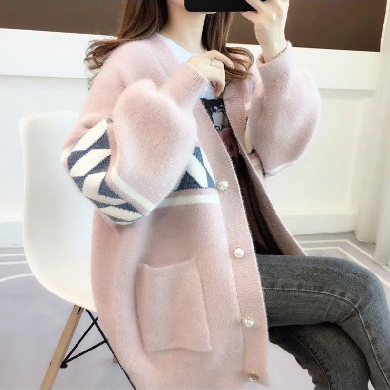 Vintage diamond color block mink knitted cardigan coat 10