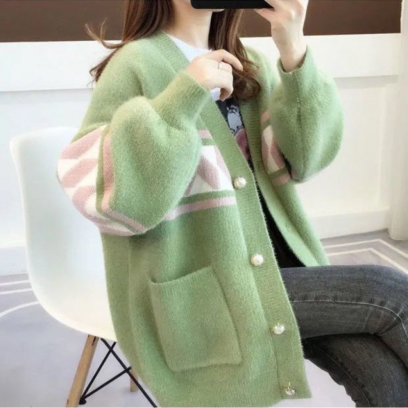 Vintage diamond color block mink knitted cardigan coat 10