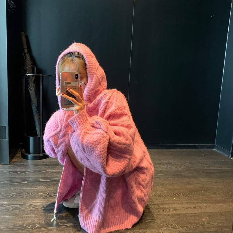 Hooded knitted cardigan thick lazy style jacket 53