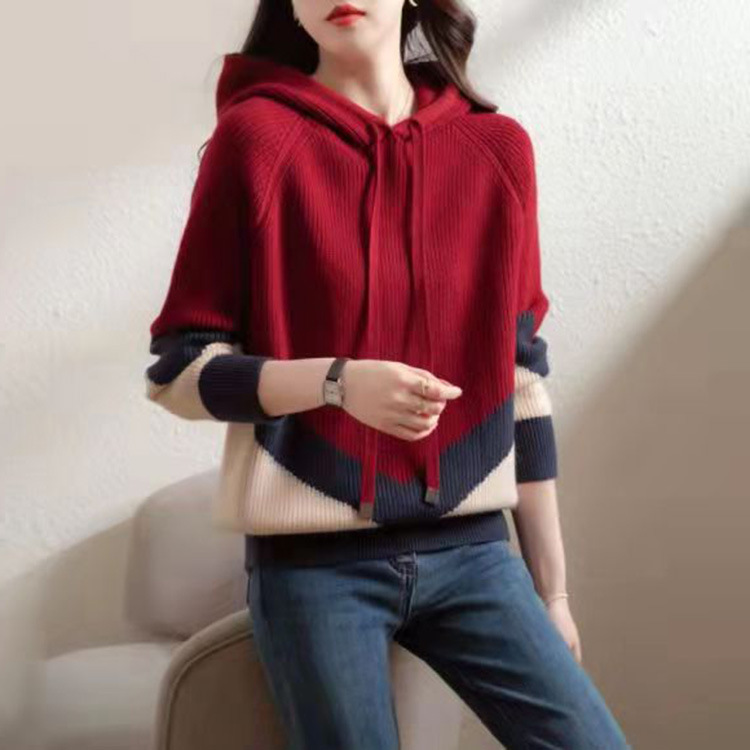 Hooded pullover sweater colorblock sweater 54