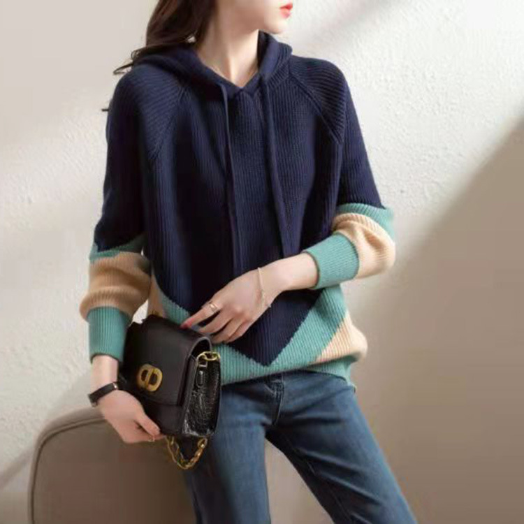 Hooded pullover sweater colorblock sweater 54