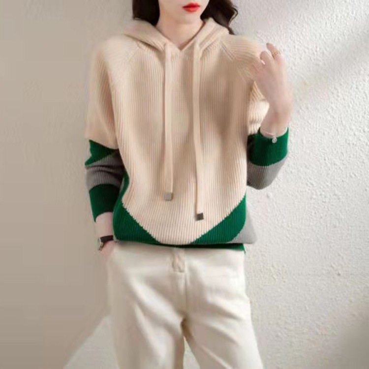 Hooded pullover sweater colorblock sweater 54