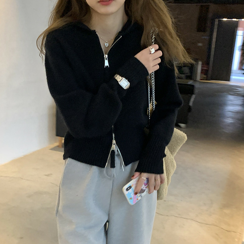 Hoodie Double Zipper Casual Knit Cardigan Sweater 52 01