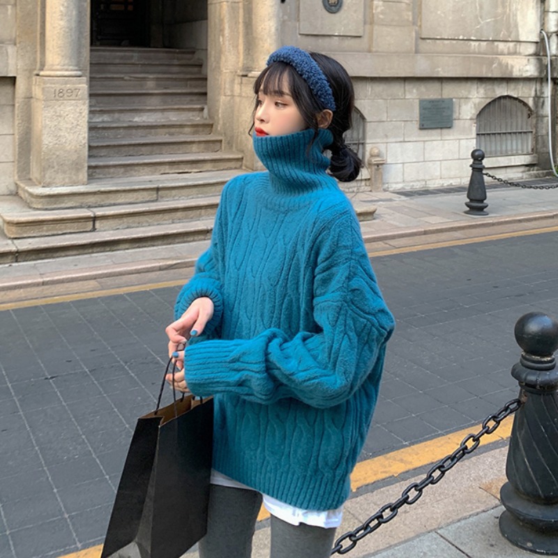 Lazy style lantern sleeve high collar pullover sweater 57 02